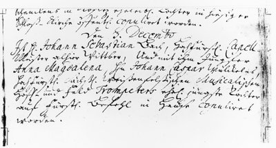 Register der Hochzeit von Bach mit Anna Magdalena Wickeln im Pfarrhaus der Jacobskirche, Köthen, 3. Dezember 1721 von German School